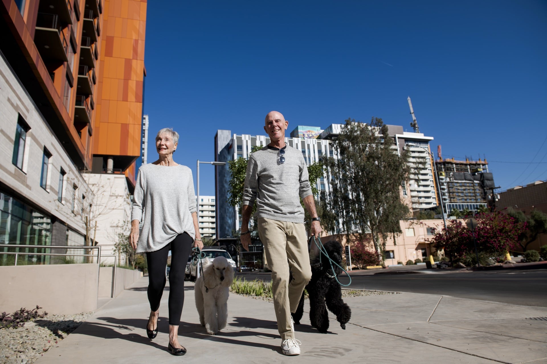 An older couple walks two dogs through a sunny urban campus neighborhood, reflecting the lifestyle of a university-based retirement community.