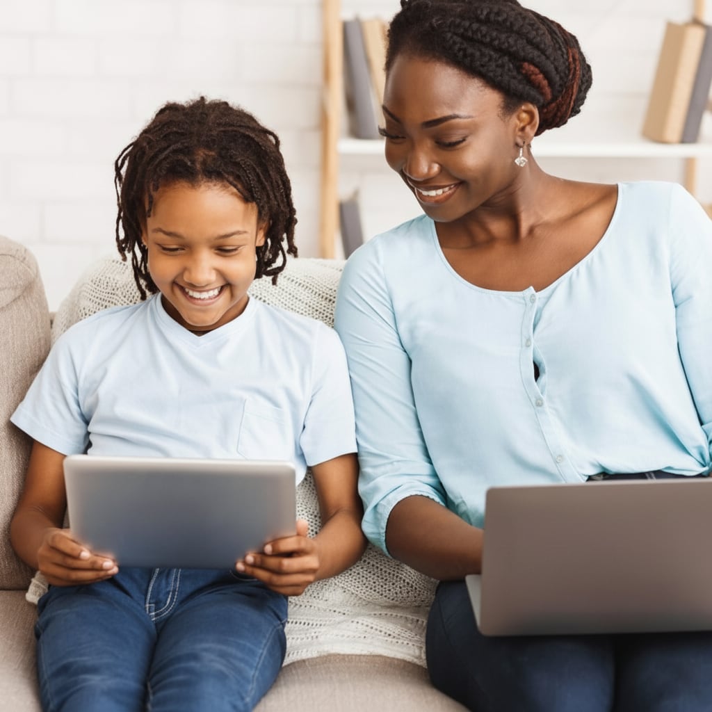 A parent and child sit together on a couch using a laptop and tablet, smiling as they engage in an online education activity.